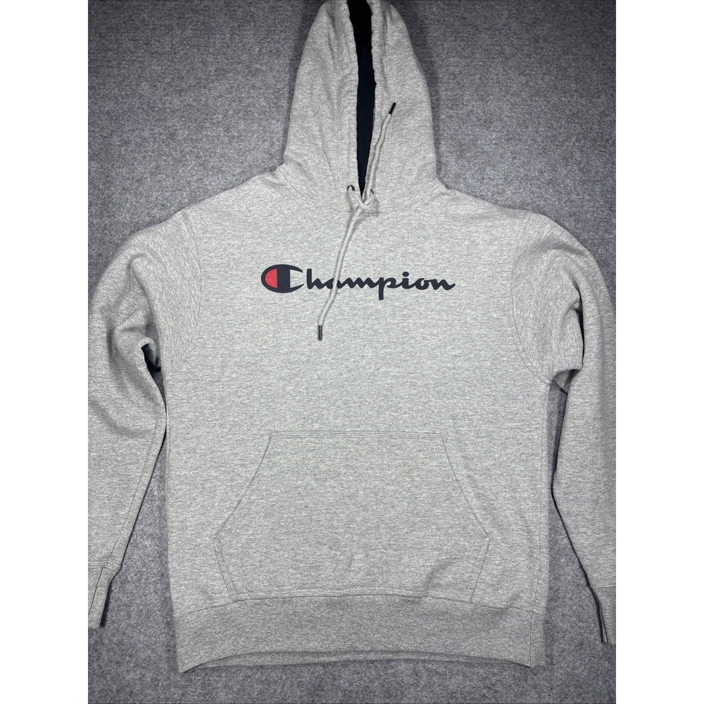 Champion Hoodie Mens medium Gray Logo Embroidery Pullover Pockets~.